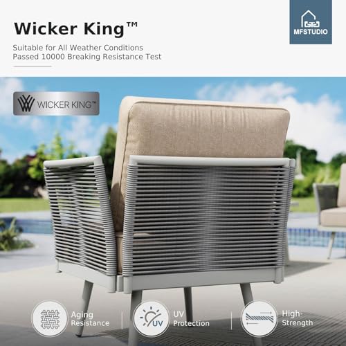 6 Pieces Metal Patio Furniture Sets with Detachable Rope Rattan Armrest, 5 Seats Steel Outdoor Conversation Set All Weather Patio Sectional Couch with Coffee Table for Garden, Beige Cushion