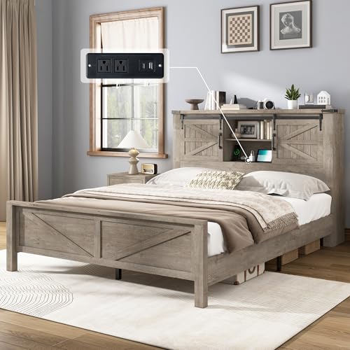Queen Farmhouse Bed with Storage Wood Grey, view 2