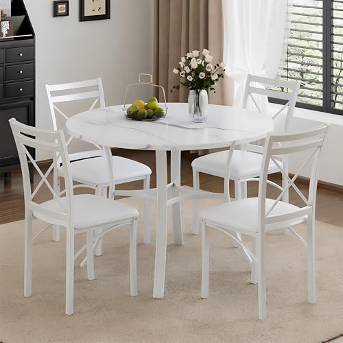 5 Piece Dining Table Set for 4 with Chairs, Faux Marble Tabletop, Small Space, Kitchen, Breakfast Nook, White
