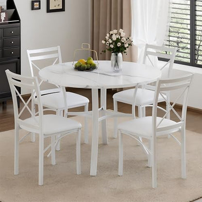 5 Piece Dining Table Set for 4 with Chairs, Faux Marble Tabletop, Small Space, Kitchen, Breakfast Nook, White