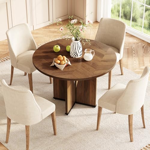 39-Inch Round Dining Table for 4, Rustic Kitchen Table with X-Shaped Stable Pedestal, Farmhouse Dinner Table for Dining Room, Living Room, Dark Brown