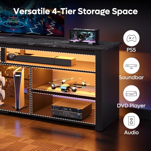 Tall TV Cabinet with LED & Storage, 80", Black Marble Gaming Stand, view 6