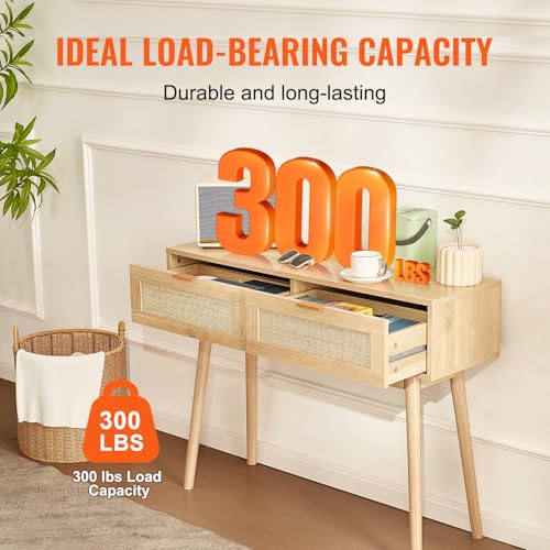 Rattan Console Table with 2 Storage Drawers, Rattan Entryway Table with Natural Rattan Sliding Door, Console Sofa Table for Living Room, Study, Entryway Or TV Wall, Natural
