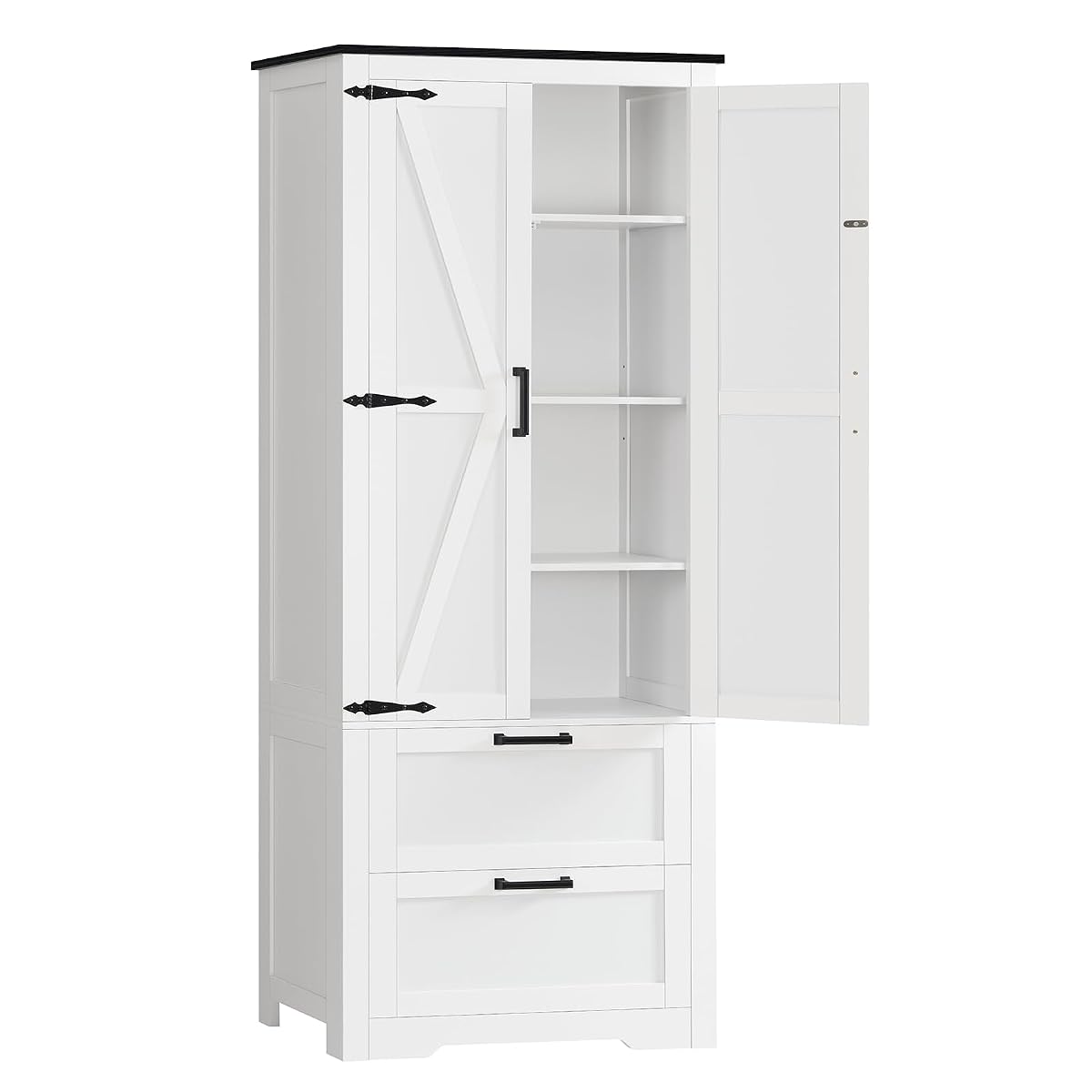 66.1" H Storage Cabinet with 2 Drawers, Farmhouse Kitchen Pantry Cabinet with 2 Doors & Adjustable Shelf, Bathroom Cabinet, for Living Room, Kitchen, Bathroom, White