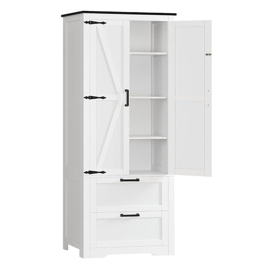 66.1" H Storage Cabinet with 2 Drawers, Farmhouse Kitchen Pantry Cabinet with 2 Doors & Adjustable Shelf, Bathroom Cabinet, for Living Room, Kitchen, Bathroom, White