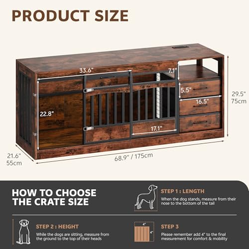 68.9" Double Dog Crate Furniture, Dog Crate for 2 Dogs Brown, view 6