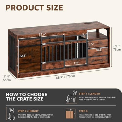 68.9" Double Dog Crate Furniture, Dog Crate for 2 Dogs Brown, view 6