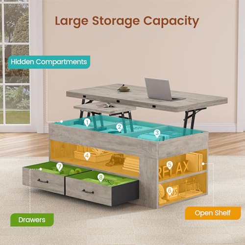 Lift Top Coffee Table, 4 in 1 Coffee Tables with Storage and Hidden Compartment, Farmhouse Coffee Table with 2 Fabric Drawers & LED Light for Living Room, Grey Oak