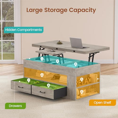 Lift Top Coffee Table, 4 in 1 Coffee Tables with Storage and Hidden Compartment, Farmhouse Coffee Table with 2 Fabric Drawers & LED Light for Living Room, Grey Oak