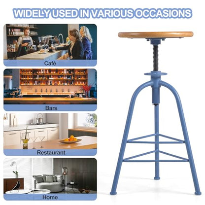 Bar Stools, Set of 2 Solid Wood Metal Breakfast Stools, 24"-28.35" Barstools for Dining Room Kitchen Home Counter Bar Height Adjustable Swivel Round Seat 3 Legs, Blue & Oak