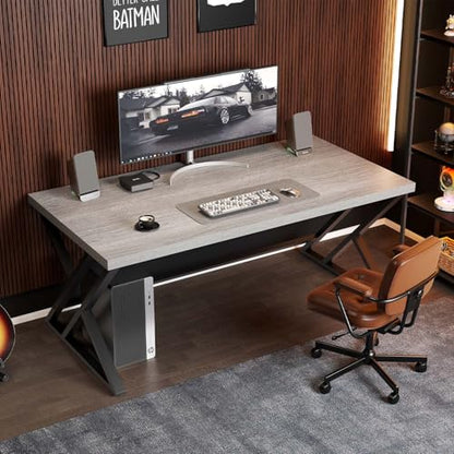 Grey Computer Office Desk, Industrial Wood PC Gaming Gray Desk for Home Office, Modern Wooden Metal Study Work Bedroom Table, Farmhouse Executive Writing Desk with Storage, 55 Inch, Light Grey Oak