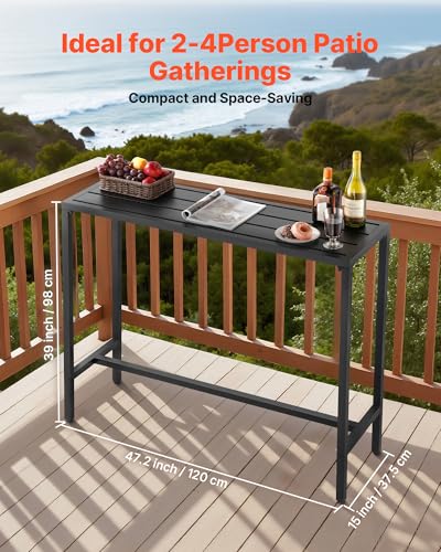 Outdoor Bar Table, 47 x 15 in Patio Bar Table, Waterproof Top & Sturdy Metal Frame, Rectangle Counter Height Dining Tables, Outdoor Furniture for Balcony, Yard, Hot Tub, Poolside, Indoor