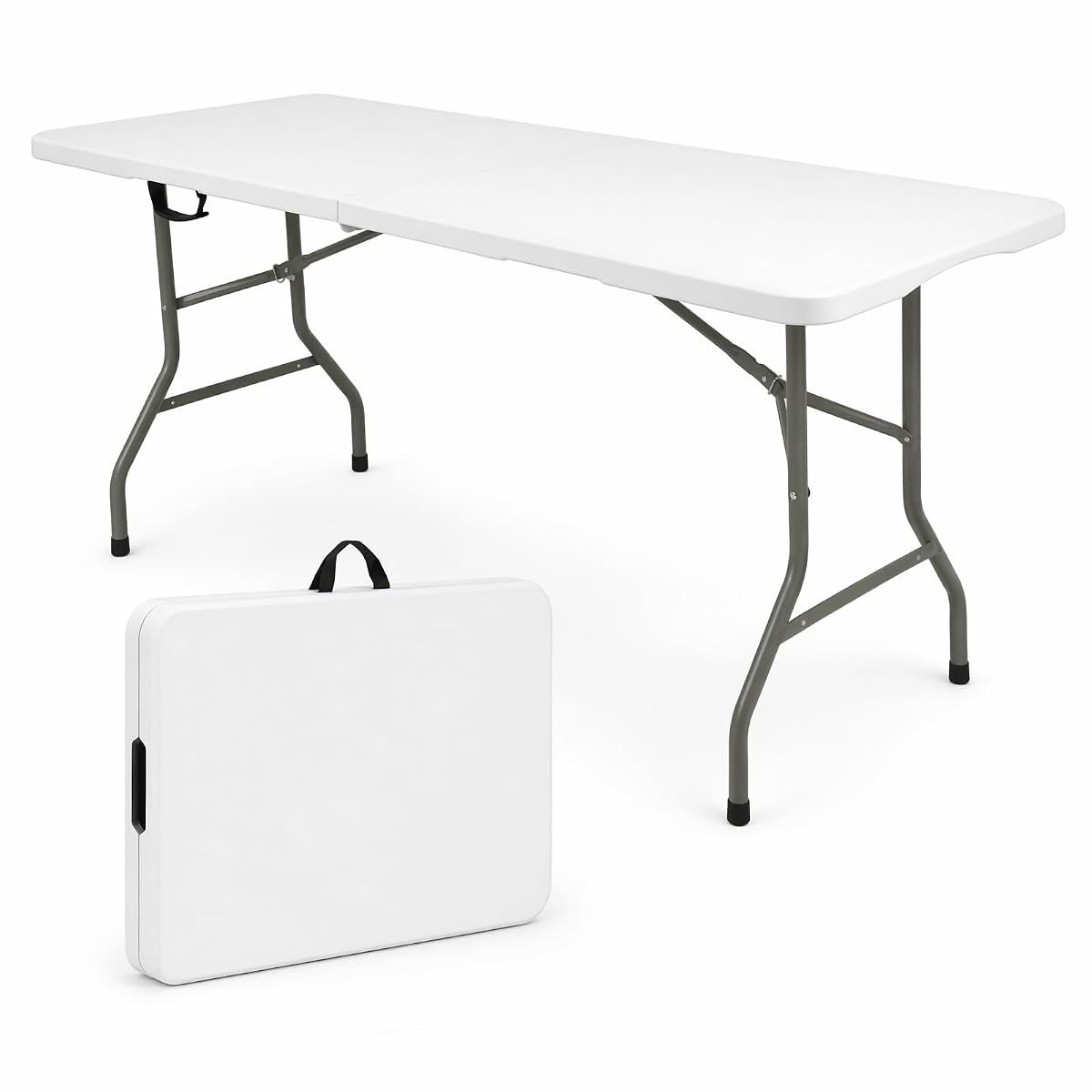 Folding Table 6 FT Lightweight Camping Table White Portable Plastic Rectangular Outdoor Dining Table Steel Legs Fold-in-Half with Carrying Handle for Indoor,Picnic,Party,Wedding,Events
