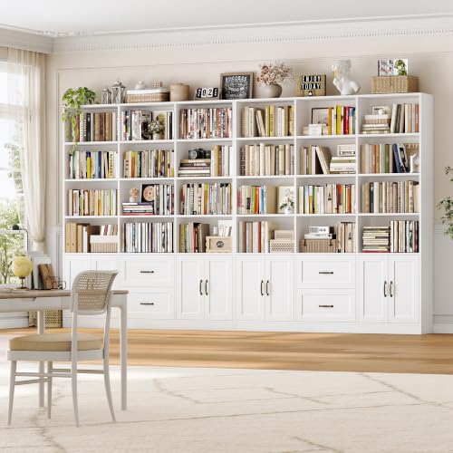 71" Tall Triple Wide Bookshelf with Storage Drawers & Doors, White, view 3