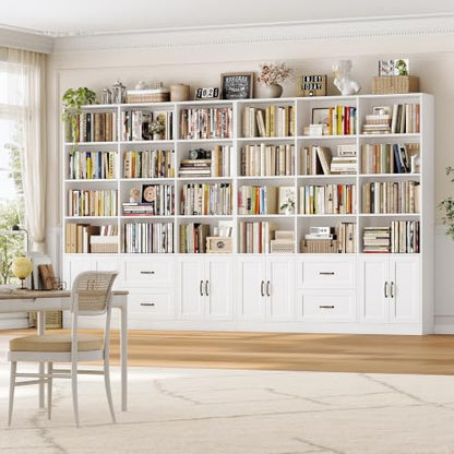 71" Tall Triple Wide Bookshelf with Storage Drawers & Doors, White, view 3