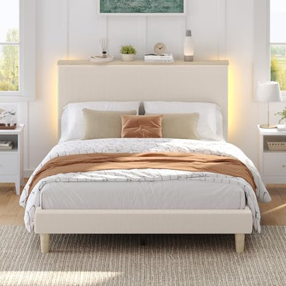 Queen Bed Frame with Storage Headboard & LED, Upholstered, Beige, view 4