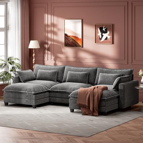 Modular Sectional Sofa 110.6" U-Shaped Modern Comfy Cloud Couch, 5-Seat Chenille Deep Seat Sofa with Throw Pillow & Movable Ottoman for Living Room, Bedroom and Apartment, Slate Gray