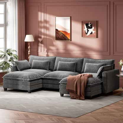 Modular Sectional Sofa 110.6" U-Shaped Modern Comfy Cloud Couch, 5-Seat Chenille Deep Seat Sofa with Throw Pillow & Movable Ottoman for Living Room, Bedroom and Apartment, Slate Gray