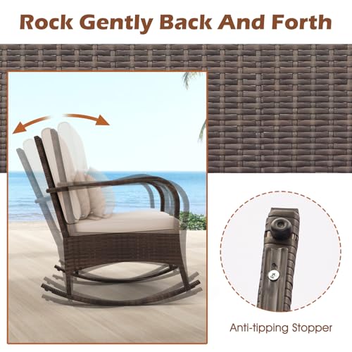 3 Pieces Patio Furniture Set, Outdoor Wicker Rocking Chairs with Cushions, Pillows, Glass Coffee Table, Rattan Bistro Rocker Set for Balcony Front Porch Poolside Garden Deck Yard (Beige)