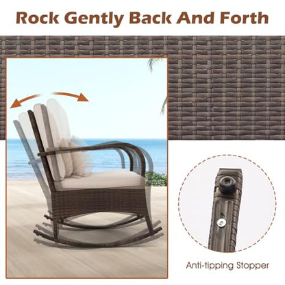 3 Pieces Patio Furniture Set, Outdoor Wicker Rocking Chairs with Cushions, Pillows, Glass Coffee Table, Rattan Bistro Rocker Set for Balcony Front Porch Poolside Garden Deck Yard (Beige)