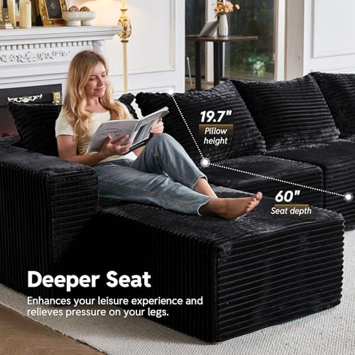 Sleeper Sofa 9 Seater Boneless Couch Modular Sectional Sofa | Cloud Couch Sectional Couches for Living Room, U Shaped Couches with Ottomans No Assembly Required, Black