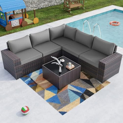 6PCS Outdoor Patio Furniture Set PE Wicker Rattan Sectional Sofa Patio Conversation Sets,Grey