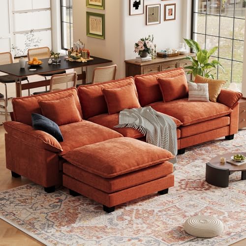 120" Modular Sectional Sofa, Comfy L-Shaped Cloud Couch with Movable Ottomans, Oversized 4-Seater Chenille Deep Seat Sofa Couch for Living Room, DIY Combination, Terracotta Orange