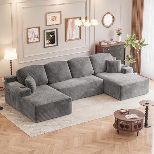 142" Boneless Couch, Modular Sectional Sofa, No Assembly Required, Memory Foam Filling, Corduroy U-Shaped Sofa, Movable Multi-Person Couch for Living Room (Grey)