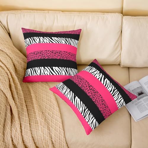 Pink Leopard Print Pillow Covers,18x18 Inch Set of 2,Black Zebra Cheetah Skin Print Cushion Cases for Women Adults,Wild Animal Geometric Stripes Western Style Cushion Covers for Bed Chairs Office