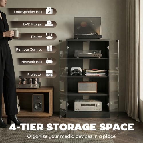 Media Cabinet 4-Tier Stereo Cabinet with Glass Door Black, view 5
