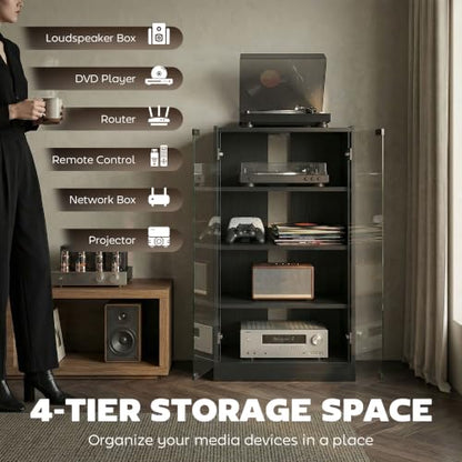 Media Cabinet 4-Tier Stereo Cabinet with Glass Door Black, view 5