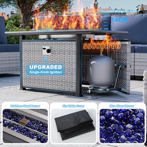 13-Piece Patio Furniture Set, Outdoor Patio Furniture with Swivel Chairs Set, Ottomans, 55,000 BTU Fire Pit Table, Modular Patio Sofa, Dual-Strand Wicker Rattan, Rust-Resistant Frame, Navy Blue
