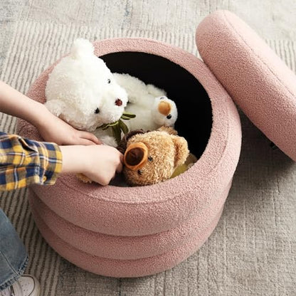 Round Ottoman, Ottomans with Storage, Cute Poufs for Living Room, Bedroom Stools with Removable Lid, Ottoman Stools for Extra Seating, Pink, 19.5" Width
