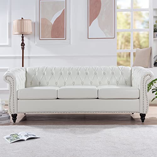 Chesterfield Sofa, Classic Tufted Upholstered Leather Couch, Modern 3 Seater Couch Furniture with Tufted Back for Living Room Office (Cream White)