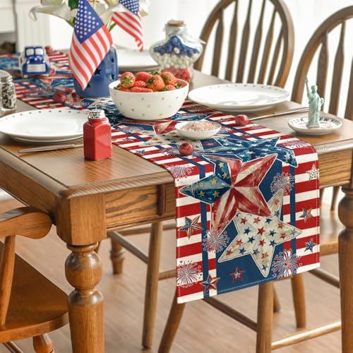 American Flag Stars 210 GSM 4th of July Table Runner, Patriotic Memorial Day Kitchen Dining Table Decoration for Home Party Decor 13x72 Inch