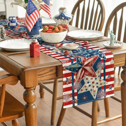 American Flag Stars 210 GSM 4th of July Table Runner, Patriotic Memorial Day Kitchen Dining Table Decoration for Home Party Decor 13x72 Inch