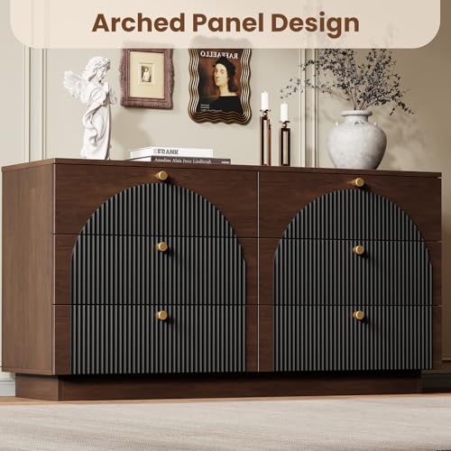 Arched Fluted Dresser for Bedroom 6 Drawers 55" Wide Walnut Black, view 5