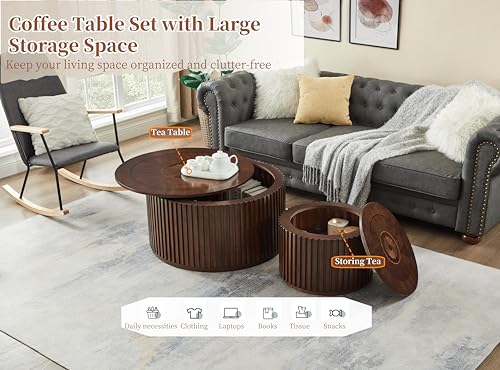 Round Coffee Table Set of 2, Nesting Coffee Tables with Removable Lid, Mid Century Modern Wooden End Table with Large Storage Space for Living Room