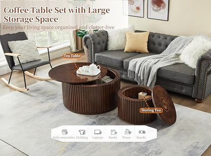 Round Coffee Table Set of 2, Nesting Coffee Tables with Removable Lid, Mid Century Modern Wooden End Table with Large Storage Space for Living Room