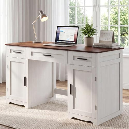 Farmhouse Executive Desk with Drawers, Wood Home Office Desk, Brown, view 2