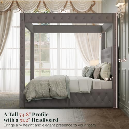 Queen Canopy Bed Frame Velvet Upholstered Headboard, Grey, view 5