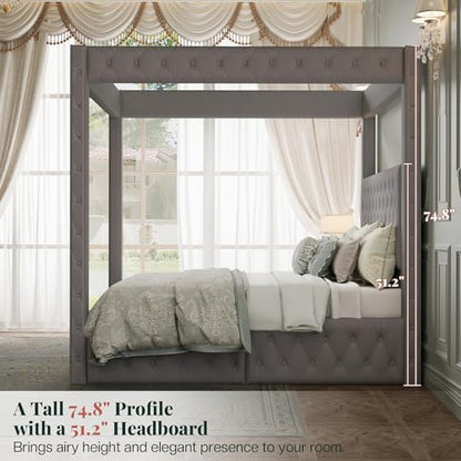 Queen Canopy Bed Frame Velvet Upholstered Headboard, Grey, view 5