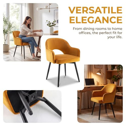 Swivel Dining Chair Set of 4, Velvet Upholstered Side Chair Modern Accent Guest Chair Home Office Desk Chair with No Wheels for Dining Room Living Room Office, Yellow