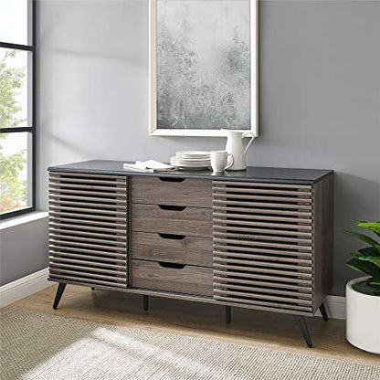 Modern 4 Drawer Sliding Door Wood Cabinet Buffet Entryway Serving Storage Cabinet Doors Dining Room Console, 59 Inch, Black and Slate Grey