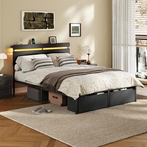 Full Size Bed Frame with Wood Headboard,2 Storage Drawers & Shelf, view 6