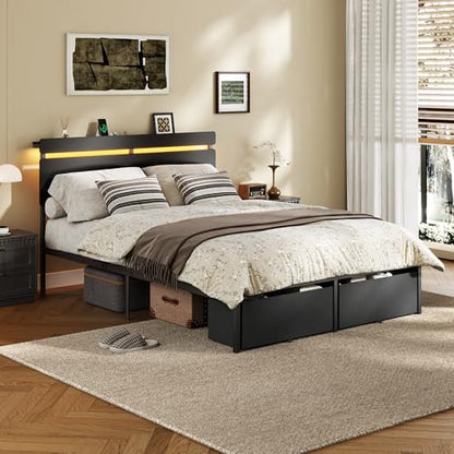 Full Size Bed Frame with Wood Headboard,2 Storage Drawers & Shelf, view 6