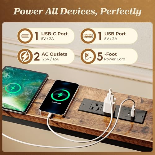 110.2 Inch Sofa Table with 2 Power Outlets and USB-C Port, 5.9 Inch Narrow Console Table with Storage, Extra-Long, for Entryway Hallway Couch Behind Sofa, Small Spaces, Rustic Brown