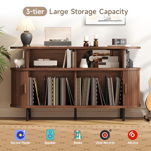 55" Large Round Record Player Stand with Charging Station,Walnut, view 5
