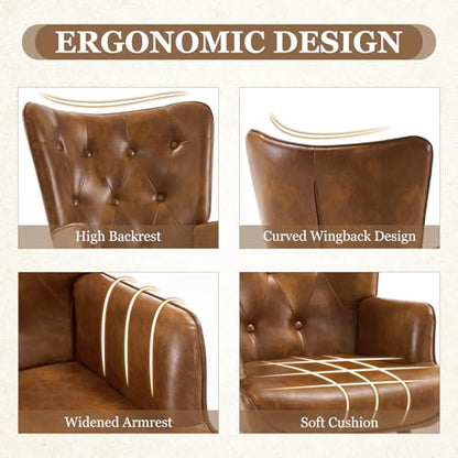 Accent Chairs Set of 2, Brown PU Leather Reading Armchair with High Backrest, Wingback Corner Chair Mid Century Modern for Living Room, Bedroom, Waiting Room