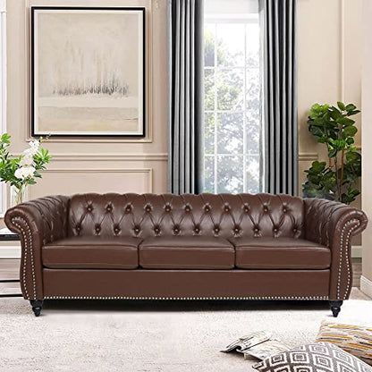 Chesterfield Sofa, Classic Tufted Upholstered Leather Couch, Modern 3 Seater Couch Furniture with Tufted Back for Living Room Office (Dark Brown)